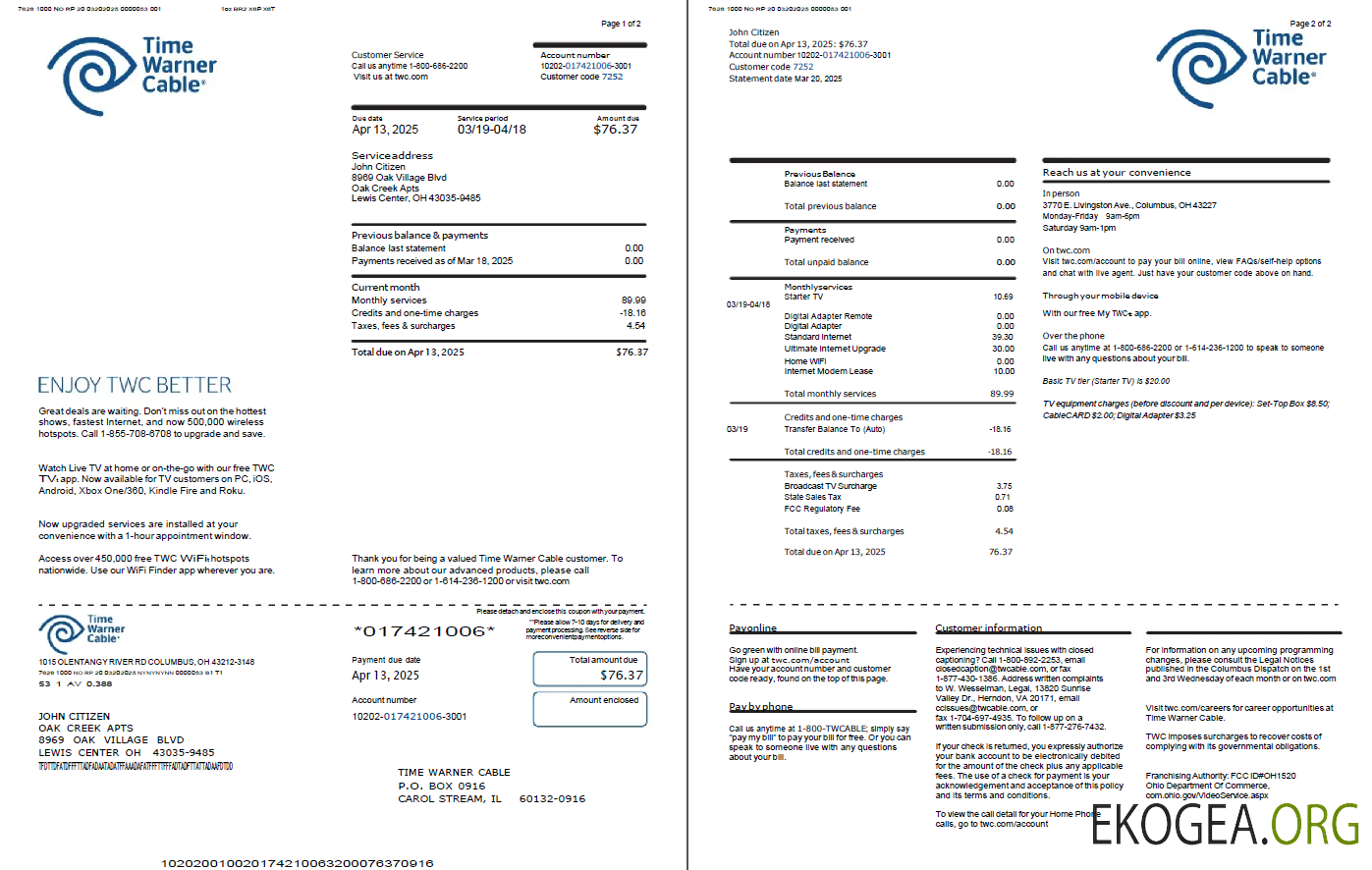 USA Time Warner Cable utility bill template in Word and PDF formats, 2 pages